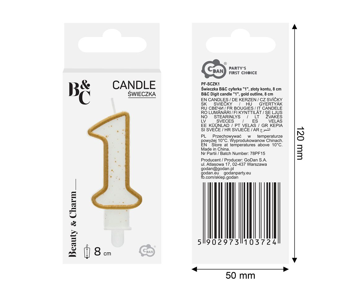 Digit candle "1", gold outline, 8 cm